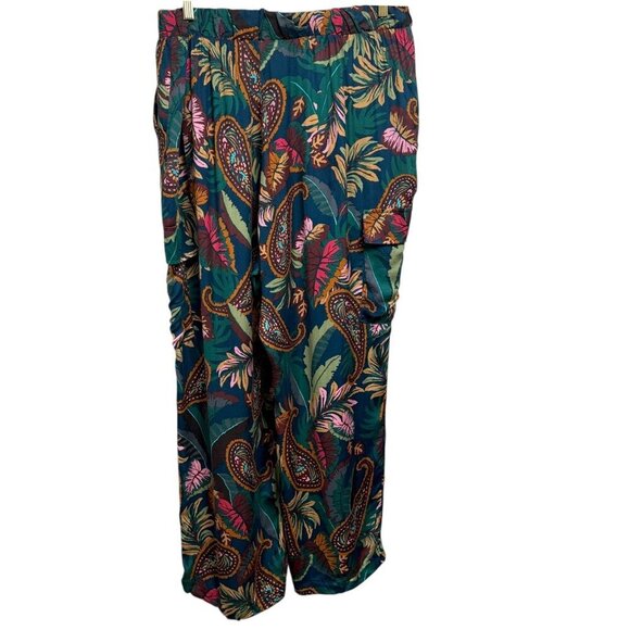 TAHARI Wide Leg Pants Plus Size 2X Green Floral Pullon Elastic Waist Cargo Rayon - Picture 9 of 11
